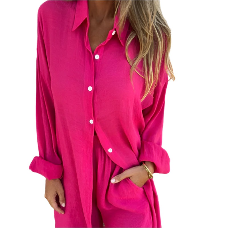 Deux pièces chemise et short décontractés en coton et lin pour femme