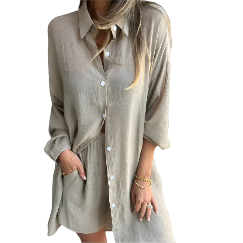 Deux pièces chemise et short décontractés en coton et lin pour femme
