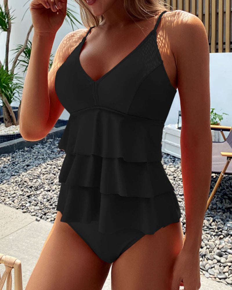 YASMINE – TANKINI À VOLANTS DE COULEUR UNIE