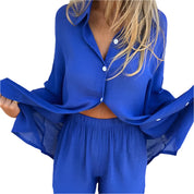 Deux pièces chemise et short décontractés en coton et lin pour femme