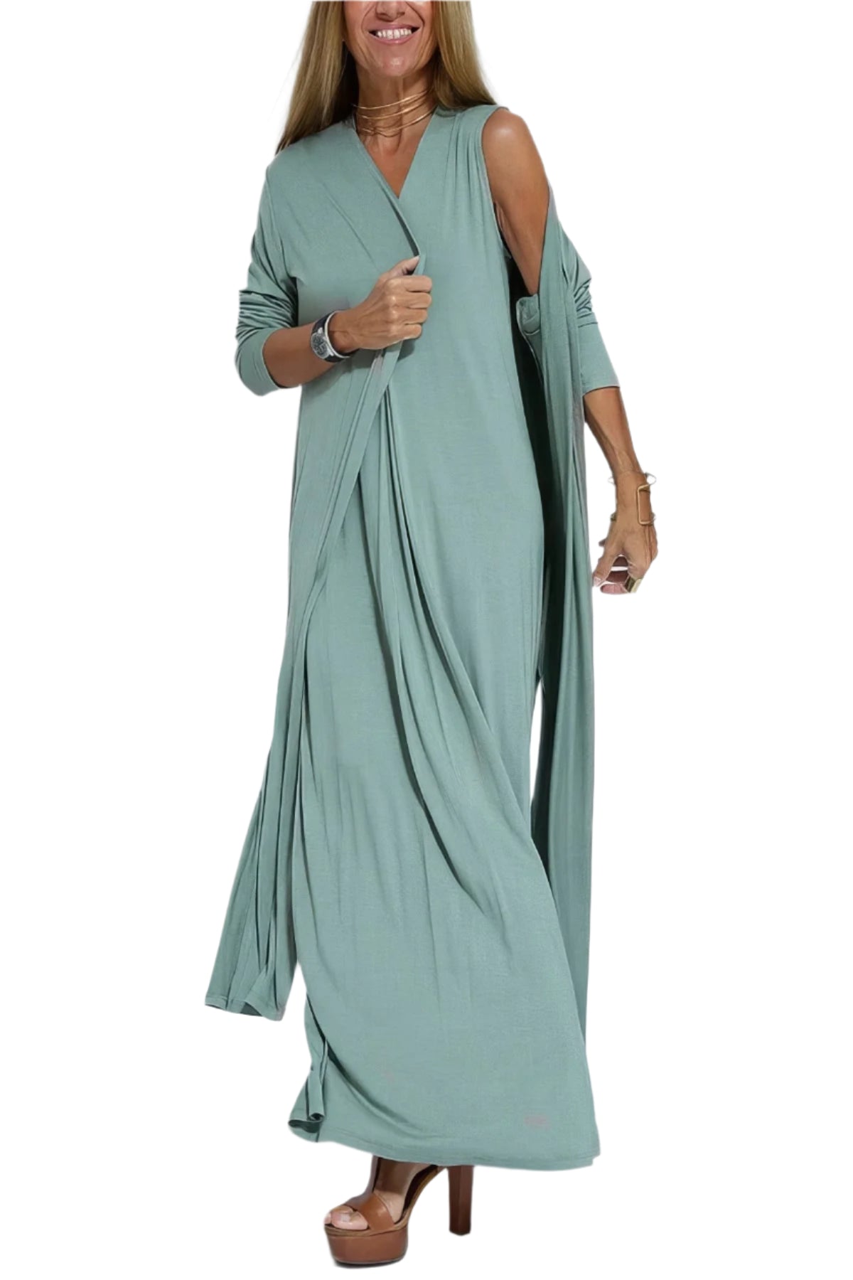 Robe longue élégante + cardigan assorti